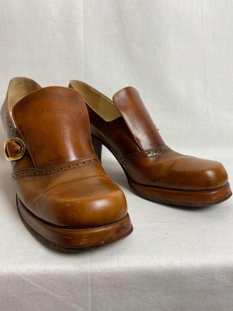 Sexy 70s chunky heel platform style shoes chestnut leather womens heels buckle slip on wide heel smaller size petite image 5