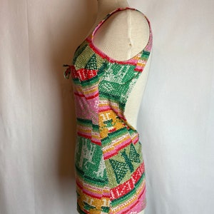 60s 70s boho hippie swimsuit one piece Sexy jersey knit pink & green print bathing suit groovy retro pattern size 6ish Medium image 3