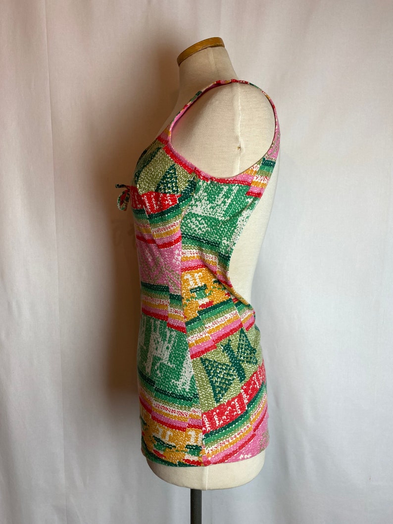 60s 70s boho hippie swimsuit one piece Sexy jersey knit pink & green print bathing suit groovy retro pattern size 6ish Medium image 3