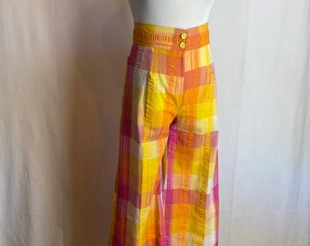 70’s high rise fitted Bellbottoms ~bold bright colorful plaid~ gingham checker textured seersucker cotton~ springtime Pop of color XSM