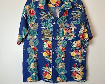 Camicia hawaiana anni '80 100% cotone con bottoni hula Stampa a tema Hawaii~ Taglia media da uomo