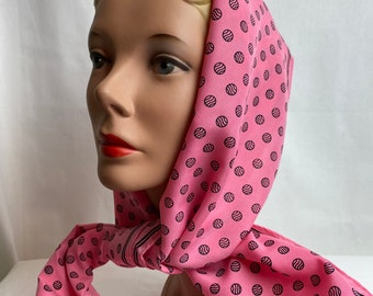 Vintage pink scarf~ neck tie pussycat bow extra long rectangular polkadot circles print pink & black