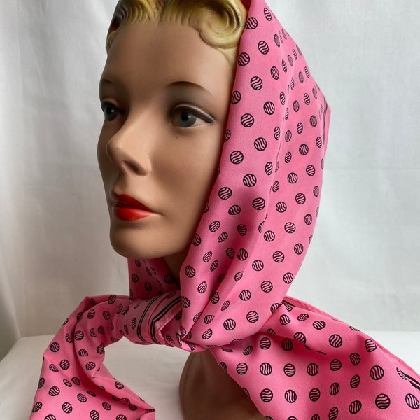 Vintage pink scarf~ neck tie pussycat bow extra long rectangular polkadot circles print pink & black