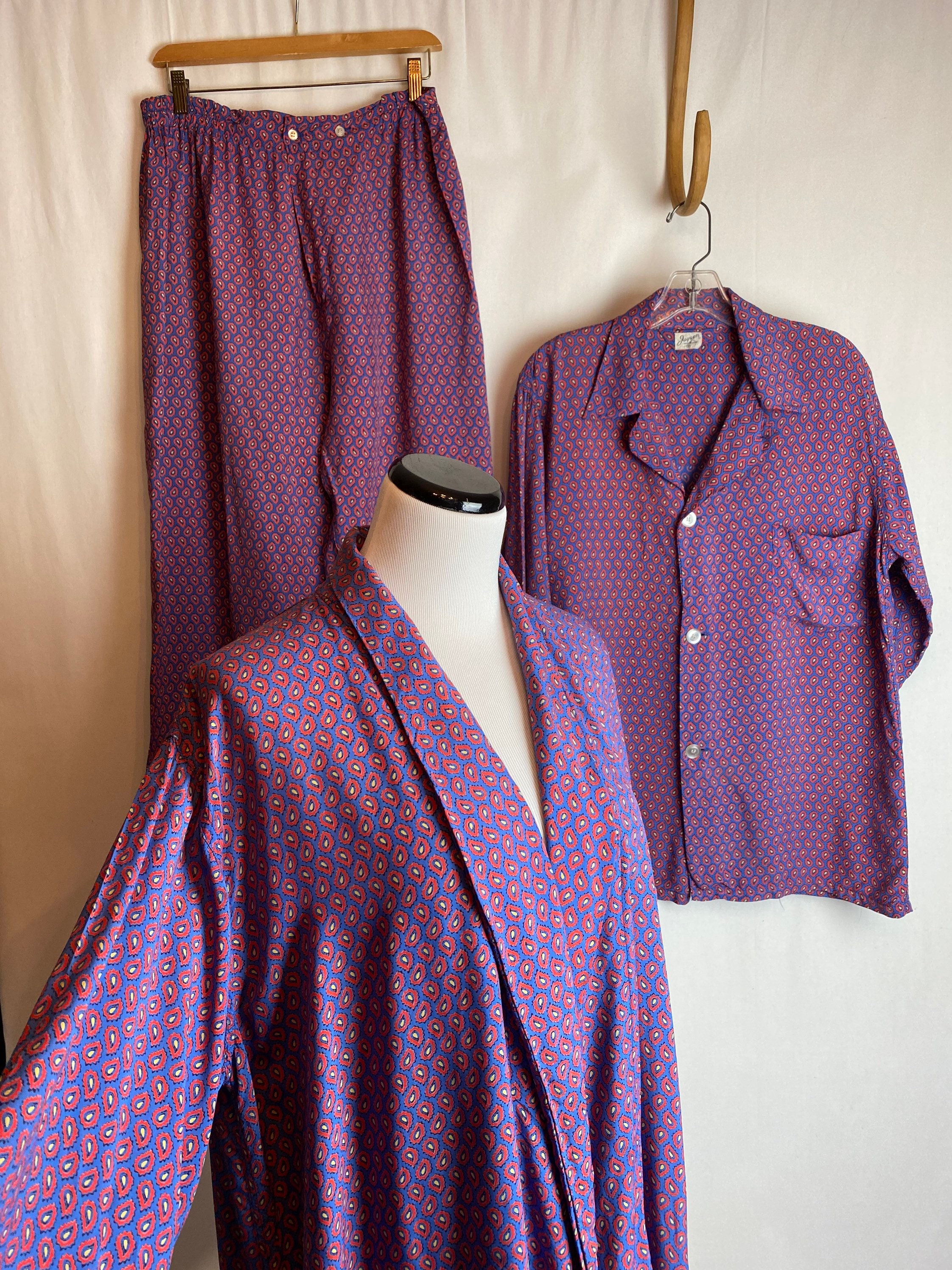 40's 50's Rayon Pajama Set~ Tops Bottoms With Robe~ Blue Red 40's 50's Rayon Pajama Set~ Tops Bottoms With Robe~ Blue Red