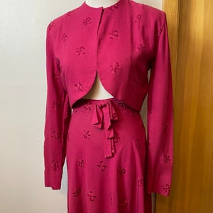 Sweet 1940s Swing skirt Bolero Set Raspberry pink with bows cropped open waist jacket swishy bias cut skirt image 2
