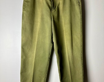 Vintage distressed & discolored Khaki green camp pants~ ranger/ boy scout vibes haggar cotton trousers~ unisex androgynous size 35” W XL