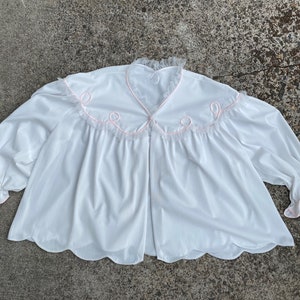 50s Sweet sheer white bed jacket pale pink piping lacy frilly neckline rockabilly pinup style 1950s size large/ open size image 9