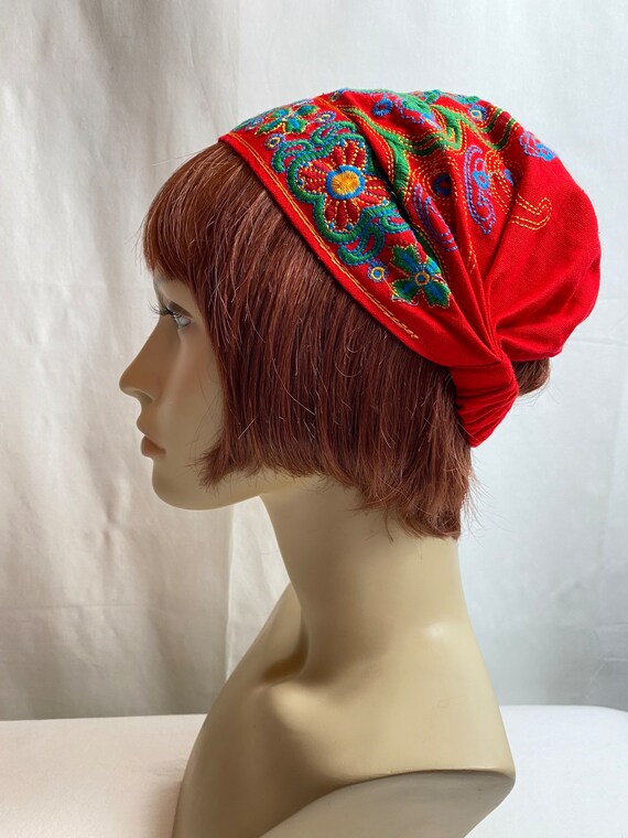 Colorful red Embroidered textile hat women’s scru… - image 6