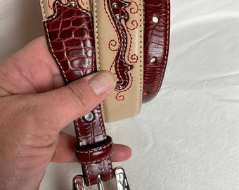 VTG Beige & brown fancy leather belt with ornate silver buckle southwestern / western style Justin ~Women’s belt~ size 32”