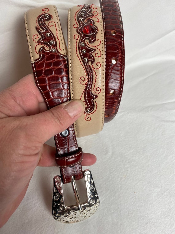 VTG Beige & brown fancy leather belt with ornate … - image 1