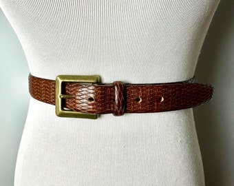 Vintage Italian leather belt~ Ashworth Men’s trouser belt~ brown snakeskin-look brass buckle long sleek thin belts