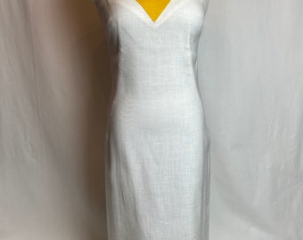 1960s wiggle dress marigold & white body hugging chevron Jane Stevens mod MCM  scoop back pinup bold color yellow