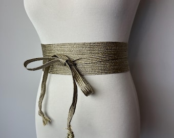 Vintage Woven Jute Sash Belt: Beige Wrap Tie, 1970s Style (Size Small)