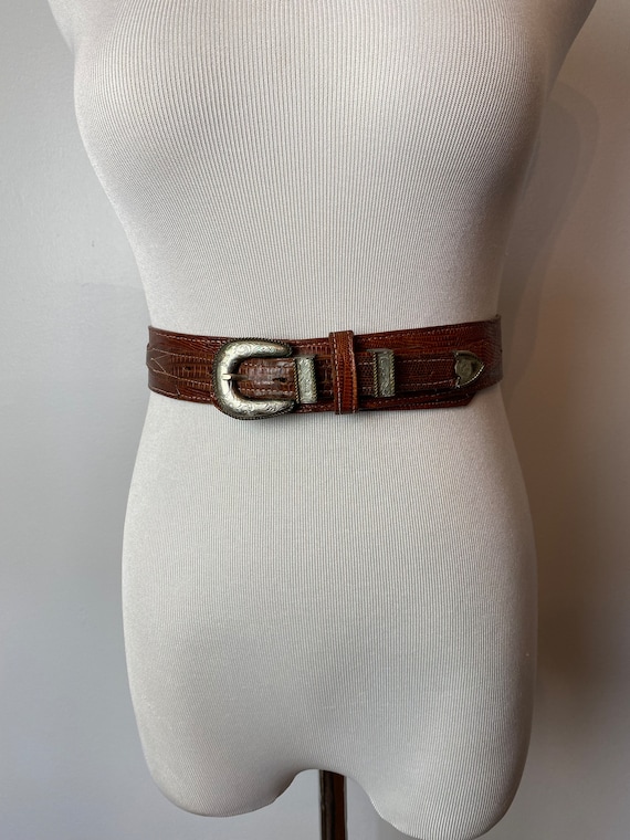 Vintage Reptile Lizard skin belt with ornate silv… - image 5