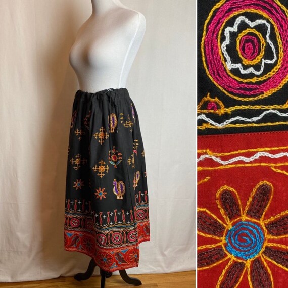 Vintage Peasant Skirt Hand Embroidered Birds Design Black 100 Cotton Drawstring Gathered Waist Semi Open Size S M Etsy