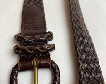 Vtg 1990’s dark brown Leather belt braided slim skinny trousers belt~ woven boho style belts unisex open size Small up to 31”W