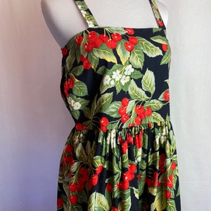 Vintage cotton sundress 80s 90s cherry cherries sweet pinup halter bibbed style frock pleated fitnflare black & red/ XSM image 8