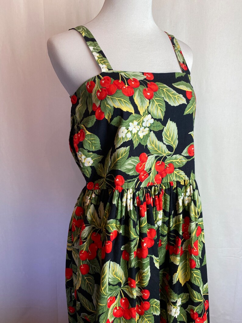 Vintage cotton sundress 80s 90s cherry cherries sweet pinup halter bibbed style frock pleated fitnflare black & red/ XSM image 8