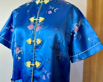 Vintage Cheongsam top Koningsblauw met geel ~ Rayon Chinese blouse ~ Aziatische mode kikker sluitingen bloemen / maat Medium