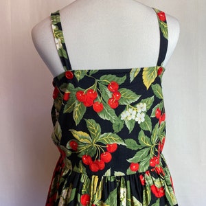 Vintage cotton sundress 80s 90s cherry cherries sweet pinup halter bibbed style frock pleated fitnflare black & red/ XSM image 9