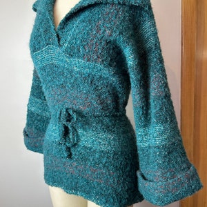 Vintage 70s wool knit sweater snug fit shawl collar teal green nubby wooly plaid belted waist cuffed belled sleeves Size Small image 10