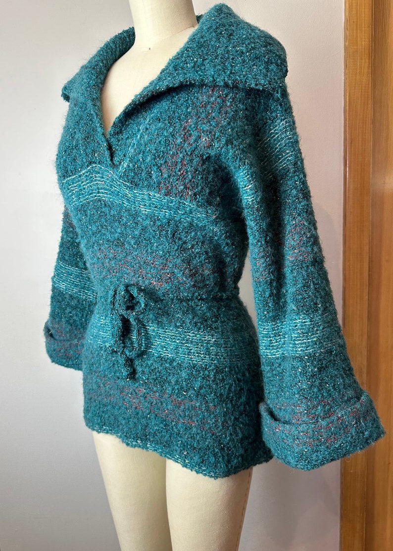Vintage 70s wool knit sweater snug fit shawl collar teal green nubby wooly plaid belted waist cuffed belled sleeves Size Small image 10