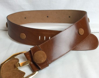 90’s 1990’s wide brown belt~ mahogany leather & suede~ true vintage retro Italian leather shiny gold buckle size 33” large