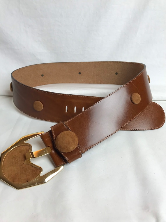 90’s 1990’s wide brown belt~ mahogany leather & su