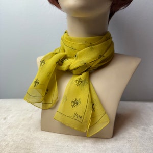 Vera 100% crepe silk scarf/ Fleur-des-lis print/yellow & black sheer long thin neck scarves head scarf neckerchief image 5