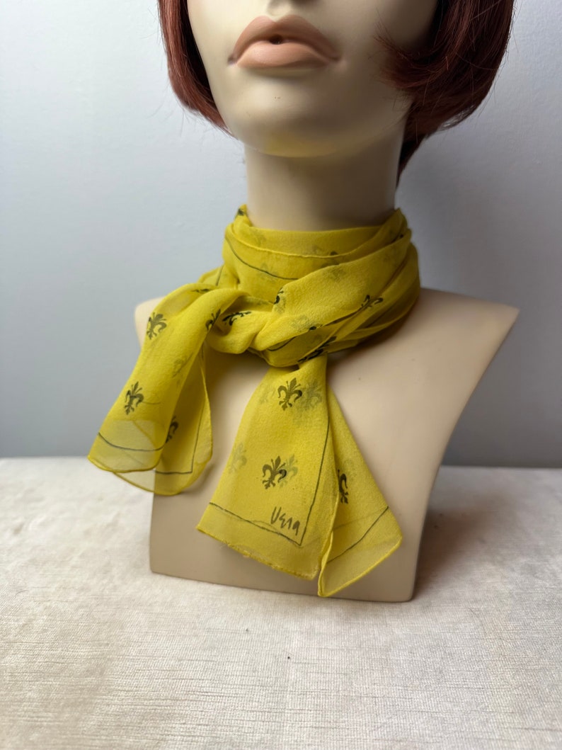 Vera 100% crepe silk scarf/ Fleur-des-lis print/yellow & black sheer long thin neck scarves head scarf neckerchief image 5
