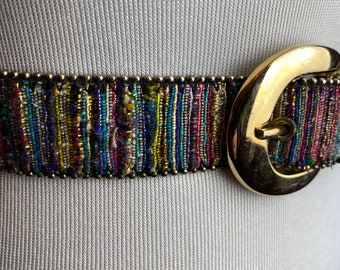 Vintage colorful striped skinny belt~ women’s trouser belt~ metallic textile colorful textured silver beading size M/L