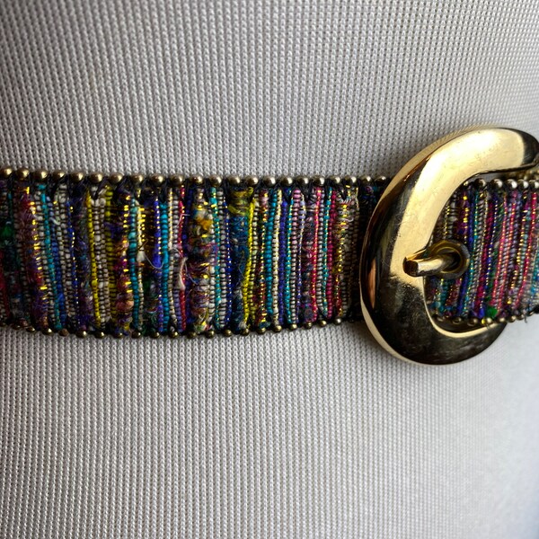 Vintage colorful striped skinny belt~ women’s trouser belt~ metallic textile colorful textured silver beading size M/L