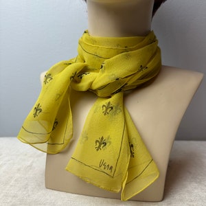 Vera 100% crepe silk scarf/ Fleur-des-lis print/yellow & black sheer long thin neck scarves head scarf neckerchief image 6
