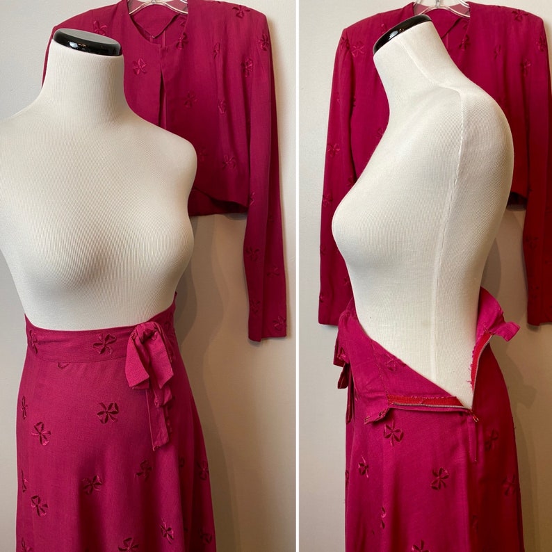 Sweet 1940s Swing skirt Bolero Set Raspberry pink with bows cropped open waist jacket swishy bias cut skirt image 7