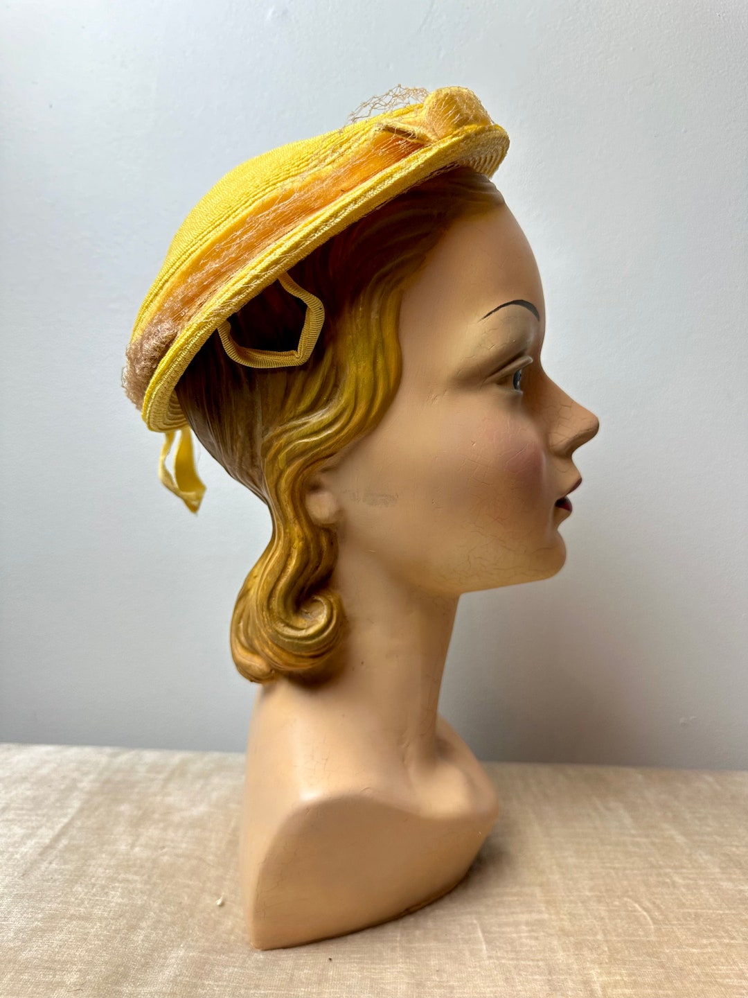 1950s Yellow Straw Hat: Vintage Velvet & Net Fascinator - Etsy display picture 1