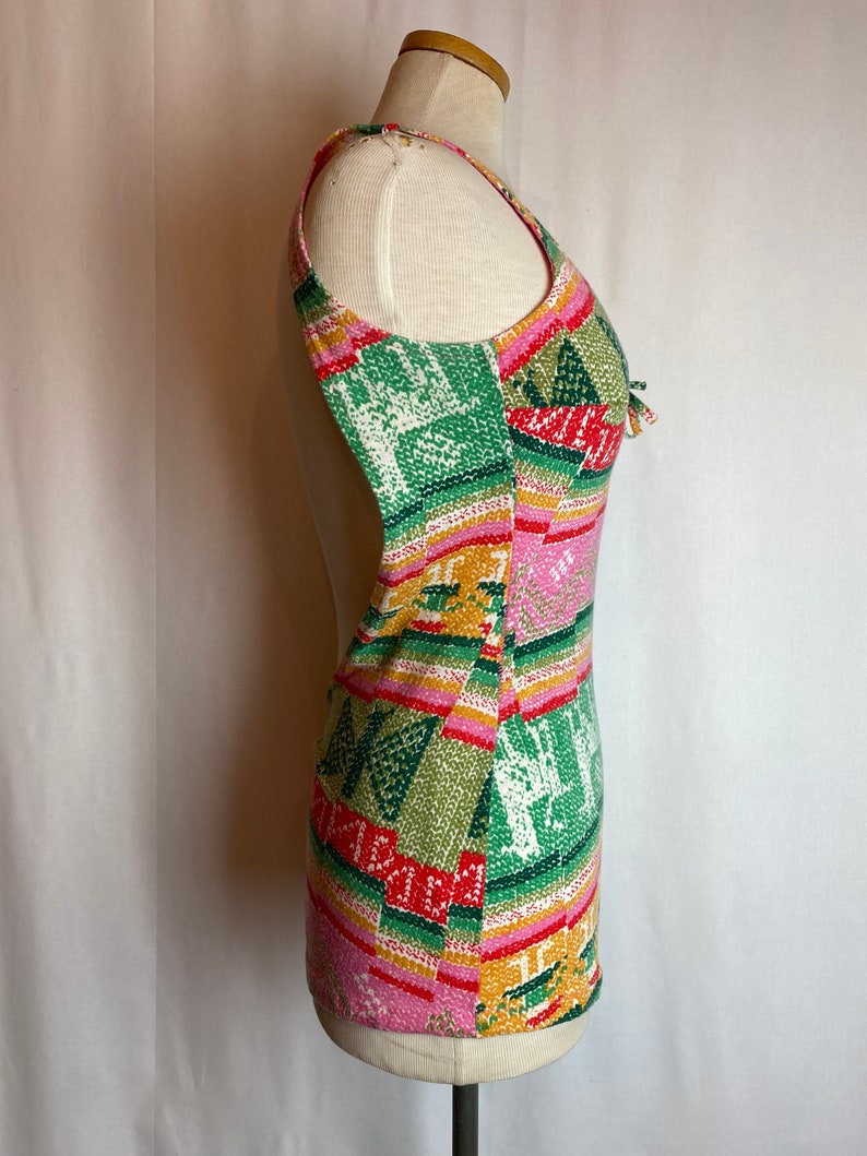 60s 70s boho hippie swimsuit one piece Sexy jersey knit pink & green print bathing suit groovy retro pattern size 6ish Medium image 7