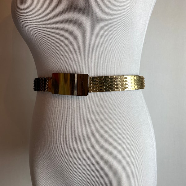 70’s 80’s shiny gold link belt~ bold statement stretchy slinky edgy rocker glam vintage disco vibes size S/M 26”- 32” waist