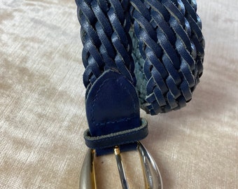 90’s blue Leather belt~ Braided woven leather belts~ slim dress belt~ skinny belt 1990’s trousers belt size S/M up to 32” waist