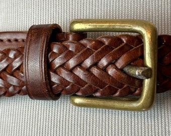 Vintage braided leather belt~ mahogany brown woven skinny trouser belts~ open size up to 34” w