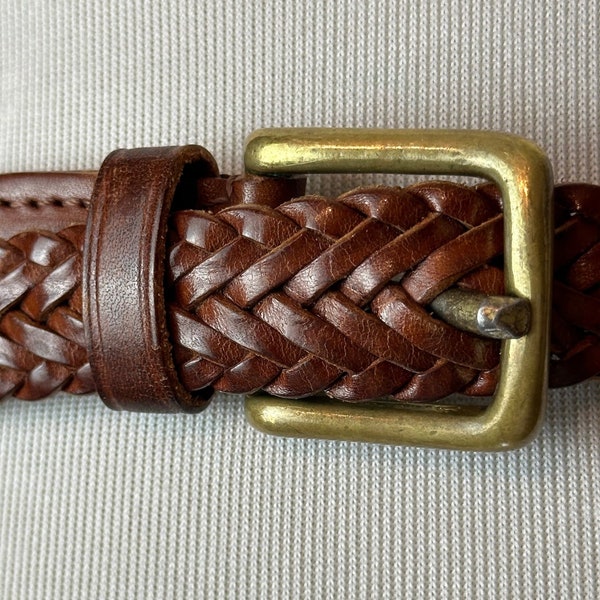 Cinturón de cuero trenzado vintage ~ cinturones de pantalones delgados tejidos de color marrón caoba ~ tamaño abierto hasta 34" w