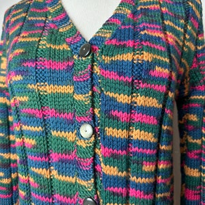 Vintage hand made sweater 1970s v-neck cardigan with pockets Boho patchwork style weave colorful fitted long ribbed wool size Mediumish image 8