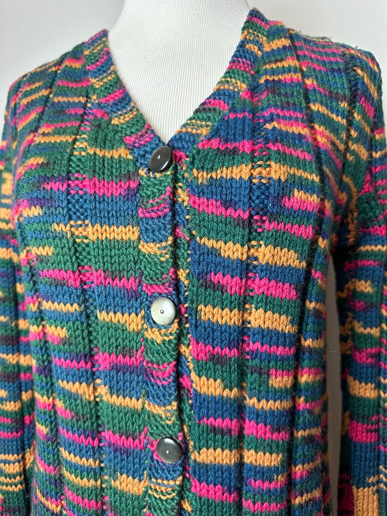 Vintage hand made sweater 1970s v-neck cardigan with pockets Boho patchwork style weave colorful fitted long ribbed wool size Mediumish image 8