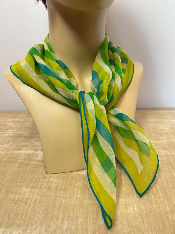 Vera scarf 1960’s green striped 100% silk crepe t… - image 6