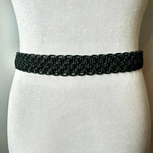 Vtg 90s black braided woven belt bright gold glossy hammered buckle leather & cotton Boho style/ open size up to 31 waist image 3