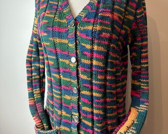 Vintage hand made sweater~ 1970’s v-neck cardigan with pockets Boho patchwork style weave~ colorful fitted long ribbed wool size Mediumish