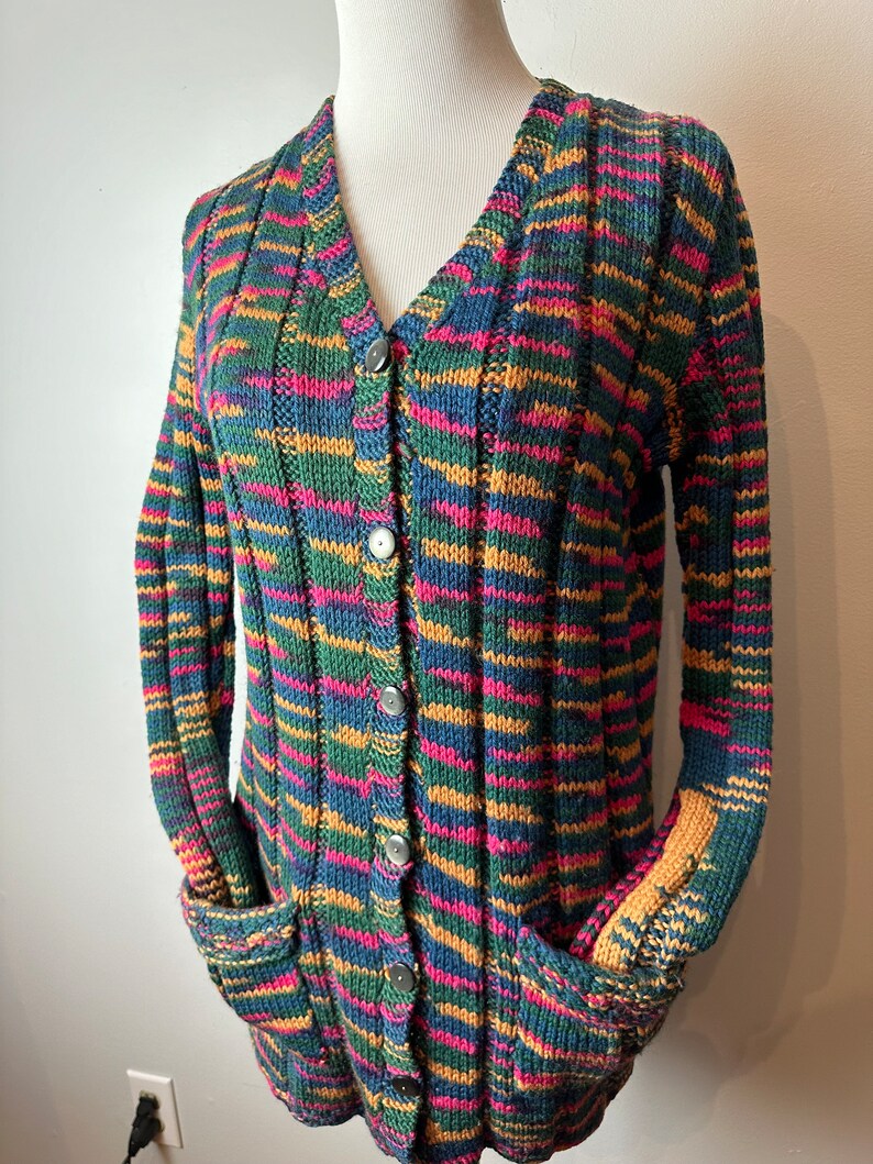 Vintage hand made sweater 1970s v-neck cardigan with pockets Boho patchwork style weave colorful fitted long ribbed wool size Mediumish image 1