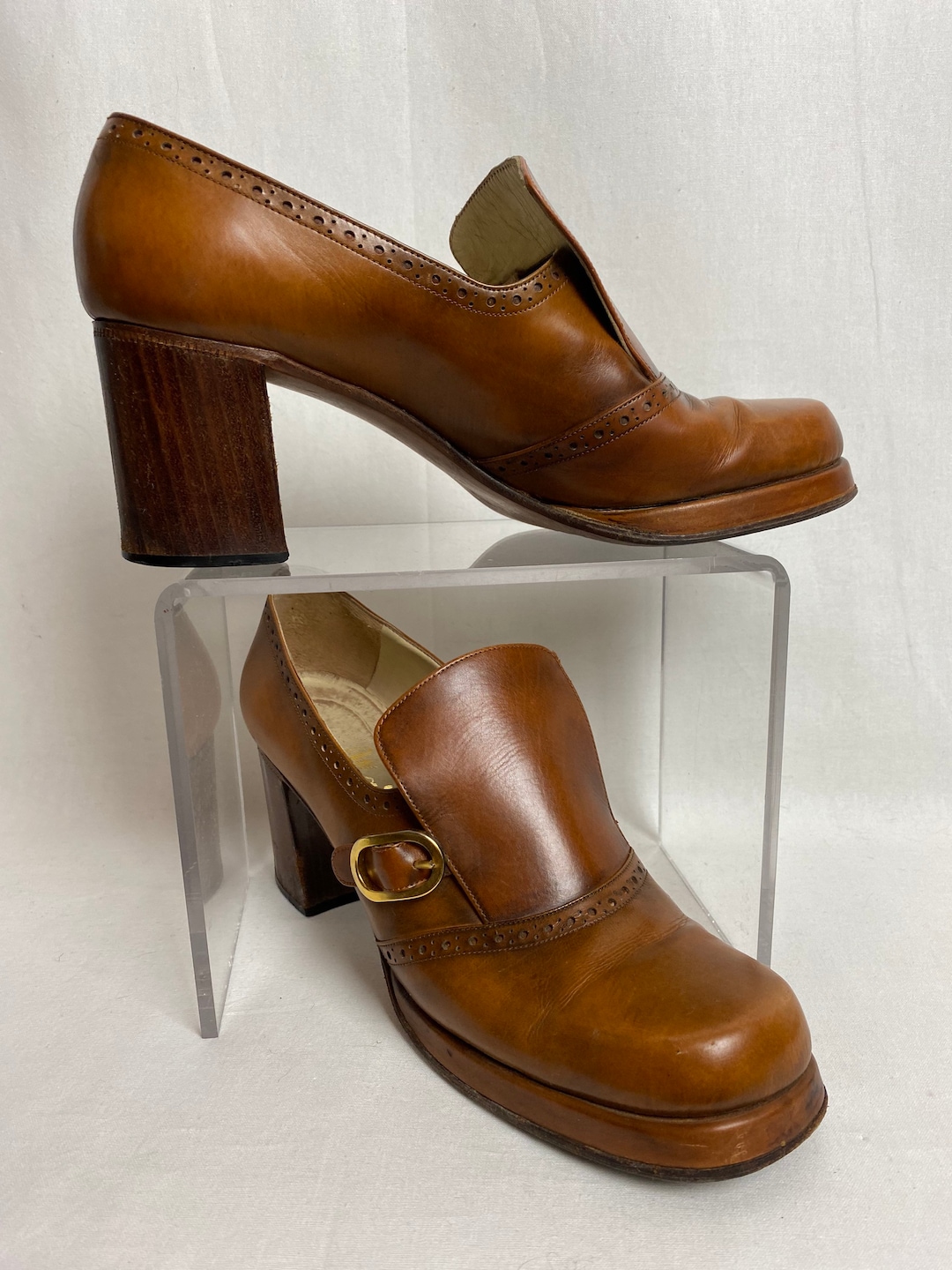 Sexy 70's Chunky Heel Platform Style Shoes~ Chestnut Leather