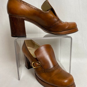 Sexy 70s chunky heel platform style shoes chestnut leather womens heels buckle slip on wide heel smaller size petite image 1