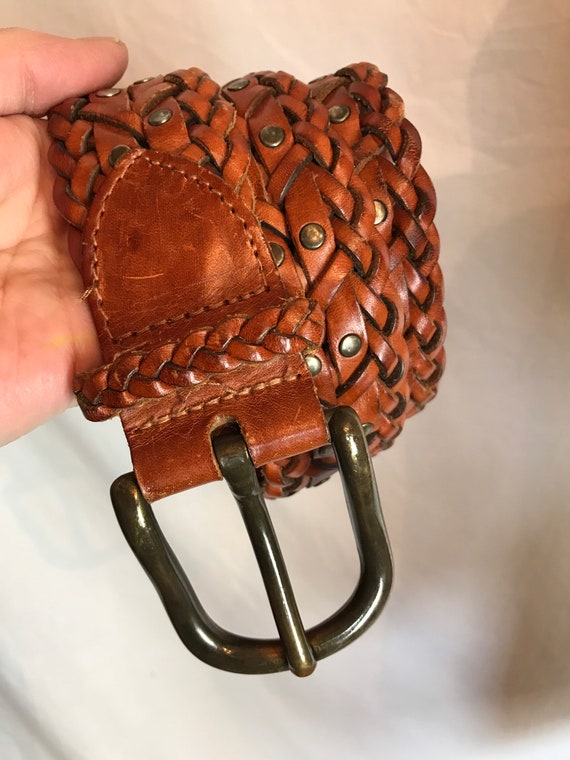 90s Braided Leather Belt DKNY Boho Hipster Stylish Womens Brown