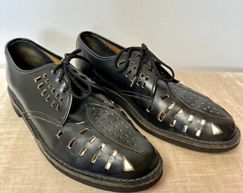 Men’s 1960’s black leather shoes / cut-outs lace up Eyelets sandal type oxfords~ unusual design~ fisherman’s shoe sporty /Size 10.5 Lg